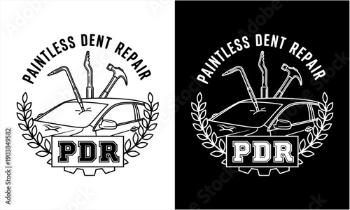 Paintless Dent Repair PDR Car Service Logo Design with Tools and Wreath.