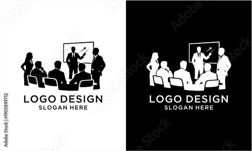 Professional Business Meeting Logo Design with Silhouettes of People in a Conference Room.