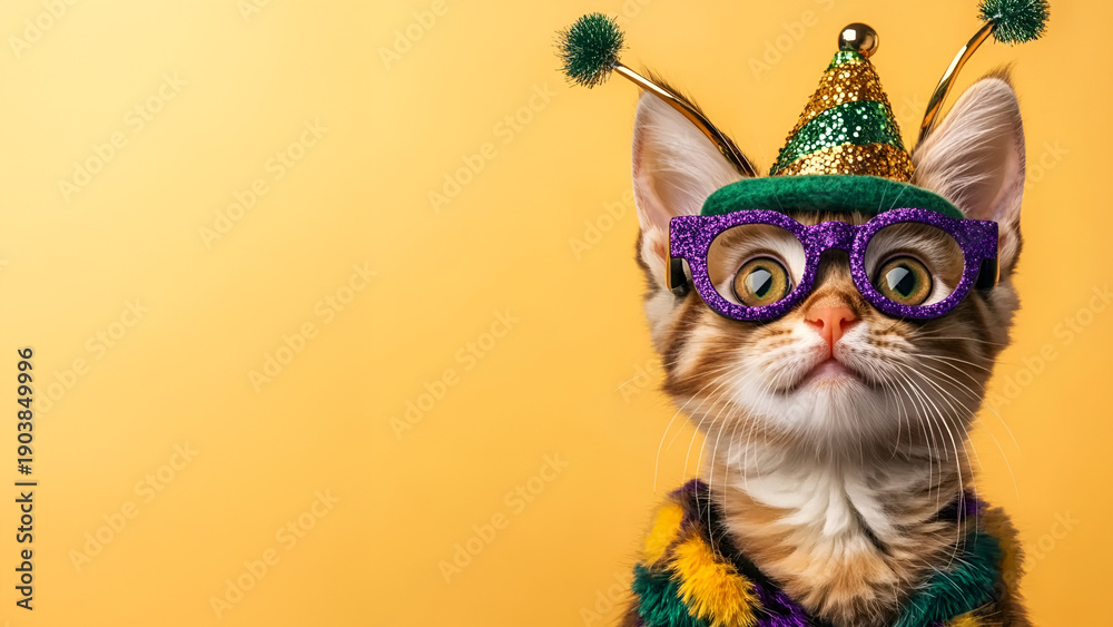 Obraz premium Cat dressed in festive costume with hat and glasses on yellow background, Mardi Gras