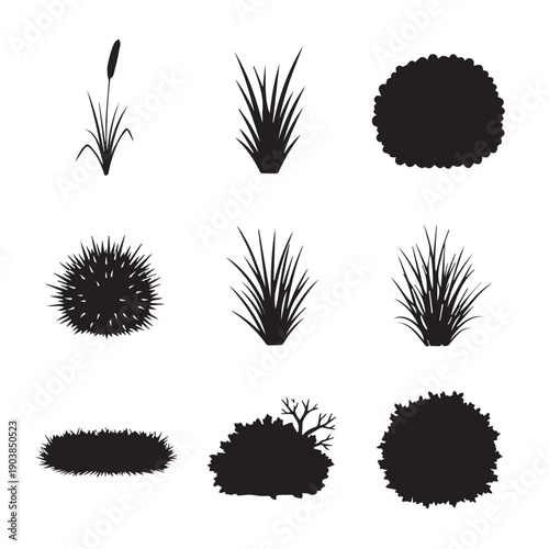 Set of Grasses and Bushes Silhouettes, Isolated on White Background