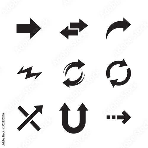 Set of nine black arrow icons on white background, showing direction, refresh, and exchange symbols.