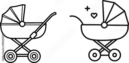 Simple line drawings of two baby strollers