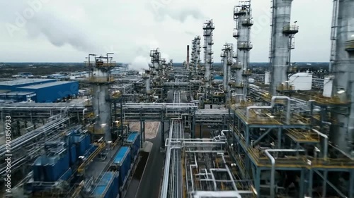 Wallpaper Mural A photorealistic image captures an industrial complex, showcasing the scale of an oil refinery with its intricate infrastructure.   FPV drone perspective landscape animation Torontodigital.ca