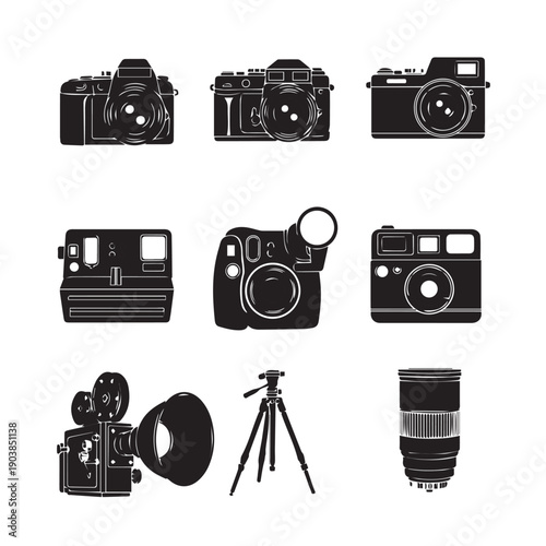 Vintage Camera Collection Silhouette Icons Set