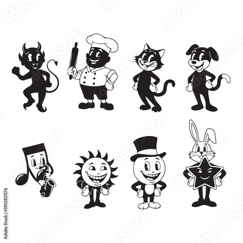 Vintage Cartoon Characters Collection: Devil, Chef, Cat, Dog, Music Note, Sun, Man, Star