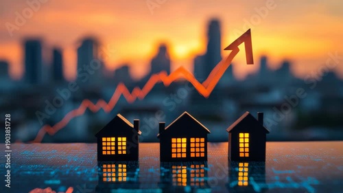 Growth of real estate market in urban areas with rising prices shown by a graph at sunset