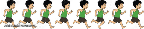 Cartoon boy running sequence, athletic child character, exercise motion frames, barefoot sports illustration, kids activity design, flat vector art