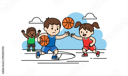 Three happy children playing basketball together on a court, enjoying the game and having fun.