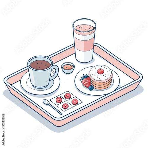A delicious breakfast tray with coffee pancakes and juice served on a tray viewed from above