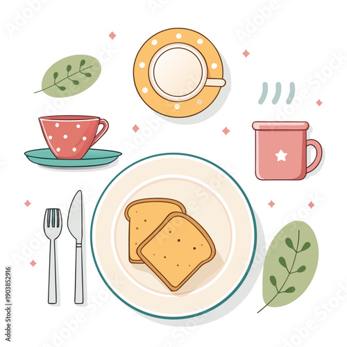 A breakfast setting featuring toast, coffee, and utensils on a table, surrounded by leaves and viewed from directly above.