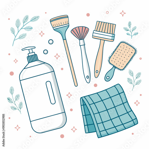 Cleaning supplies and brushes arranged neatly on a surface with a cloth