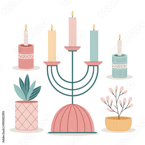 A serene menorah illustration surrounded by potted plants and candles in a peaceful environment viewed from the front