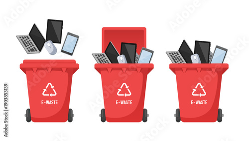 Recycling bin for electronic waste. Red trash can. Vector illustration