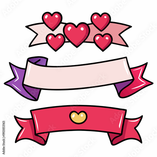Three decorative ribbon banners with heart motifs on pink background, festive and romantic design.