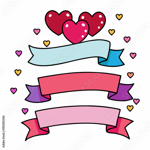 Three decorative ribbon banners with heart motifs on pink background, festive and romantic design.
