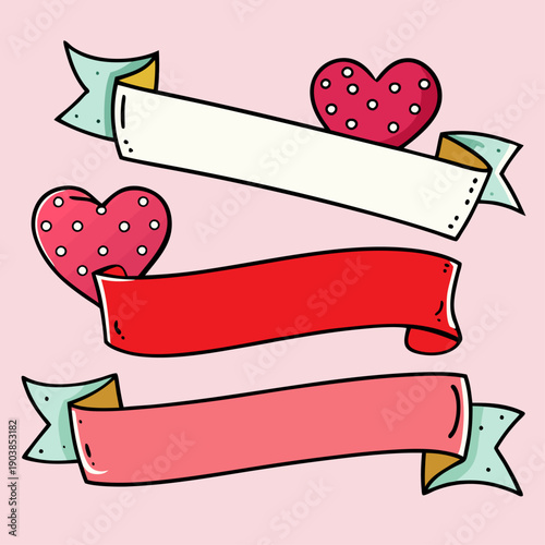 Three decorative ribbon banners with heart motifs on pink background, festive and romantic design.