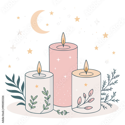 Three candles with floral motifs aglow under a serene moonlit night sky with stars and leaves