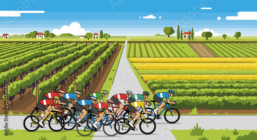 Group of professional cyclists in colorful jerseys race through a scenic countryside with vineyards and fields in a flat vector illustration style