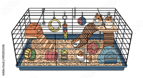 Large wire hamster cage filled with cute cartoon hamsters, toys, a wheel, and bedding in a detailed illustration style, isolated on a white background