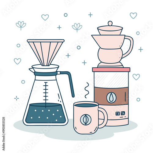 Coffee brewing setup with pour-over, grinder, and cup on a clean surface, viewed from a slight angle