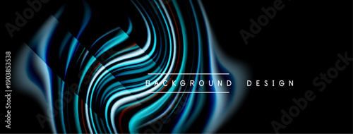 Abstract flowing lines create dynamic visual effect. Blue, red hues dominate dark background. Modern design element.