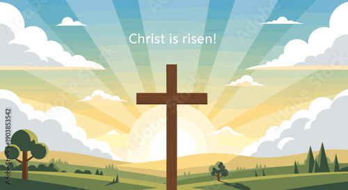 Wooden Christian cross stands on a hill against a beautiful sunrise with light rays shining through clouds, a religious vector illustration representing faith and hope