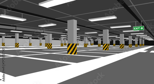 Empty underground parking garage with concrete pillars, marked spaces, and fluorescent lighting, showing a clean urban infrastructure interior with a green exit sign