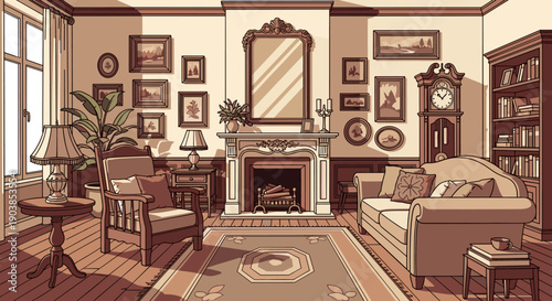 Cozy vintage living room interior illustration with a fireplace, classic furniture, a grandfather clock, and warm sunlight streaming through the window creating a peaceful atmosphere