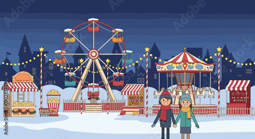 Festive Christmas market illustration with a couple holding hands in front of a Ferris wheel, carousel, and stalls under a snowy night sky with city silhouettes