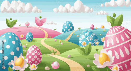 Decorated pink and blue Easter eggs rest on a surreal, colorful landscape with rolling hills, a path, and flowers under a sky with cartoon clouds for a happy spring holiday