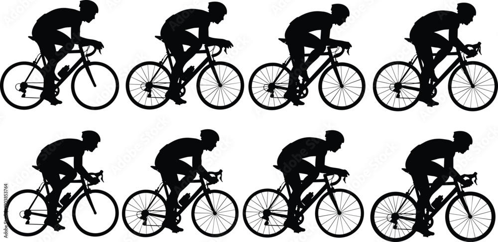 Obraz premium Cyclist silhouettes sequence, racing posture, motion frames, athletic form study, black and white design, sports illustration, flat vector art