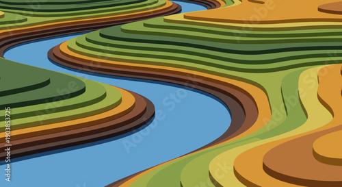 Colorful terraced landscape with a blue river winding through layered green and orange hills, depicted in a 3D paper cutout style from an aerial perspective