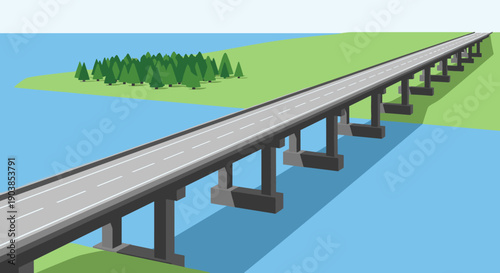 Long straight concrete highway bridge spanning a blue river leads to a green shore with trees, shown from an isometric perspective in a minimalist flat design illustration