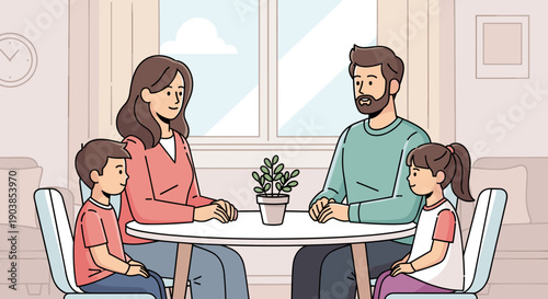 Happy cartoon family with two children sitting at a table in their bright living room, smiling and talking together in a positive and warm atmosphere