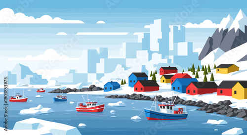 Picturesque arctic fishing village with colorful houses on a snowy shore, with fishing boats in an icy harbor and a backdrop of mountains and a stylized city