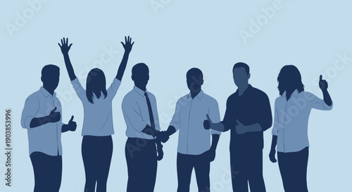Group of business people silhouettes celebrating success with a handshake and thumbs up gestures on a light blue background, representing teamwork and achievement
