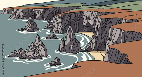 Graphic illustration of a rugged coastline with steep cliffs, sea stacks, and a hidden sandy beach cove in a minimalist, flat color vector style