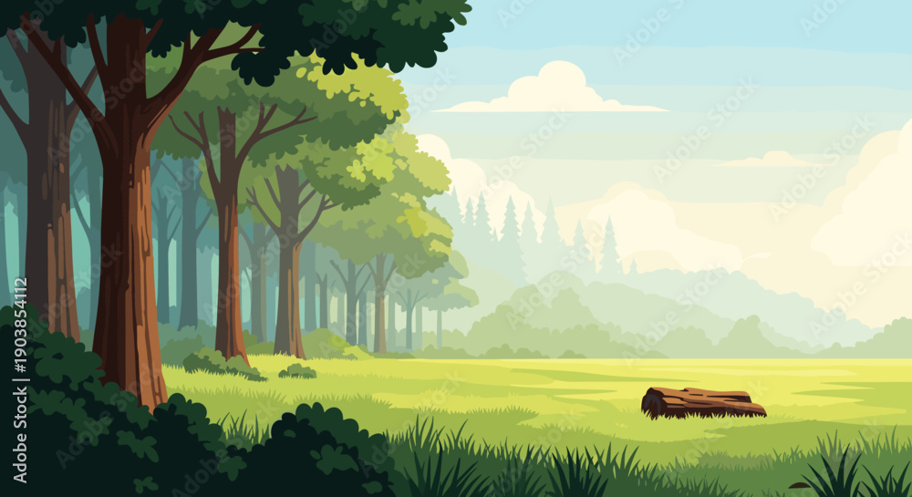 Naklejka premium Beautiful cartoon landscape of a tranquil forest clearing with green grass, tall trees, and a hazy mountain background on a sunny day