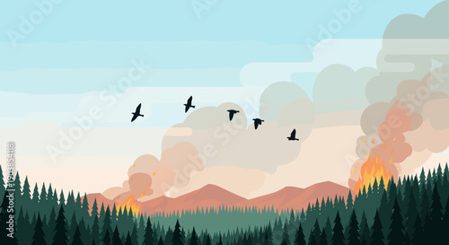 Wildfire burning in a dense pine forest with large plumes of smoke rising into the sky as birds fly away from the danger, a flat vector illustration of a natural disaster