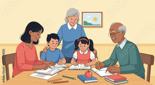 Happy multi-generational family with two children, a mother, and grandparents sitting at a table, learning and doing homework together in a supportive and loving home environment