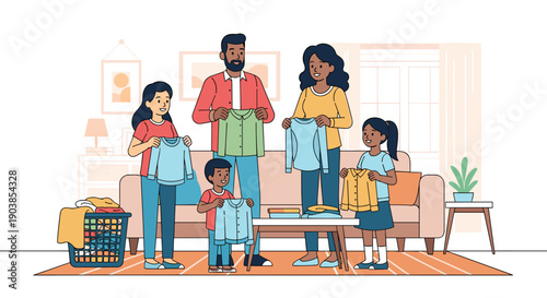 Smiling multiethnic family with three kids folding clean clothes together in a modern living room, representing teamwork, chores, and domestic life in a flat vector illustration