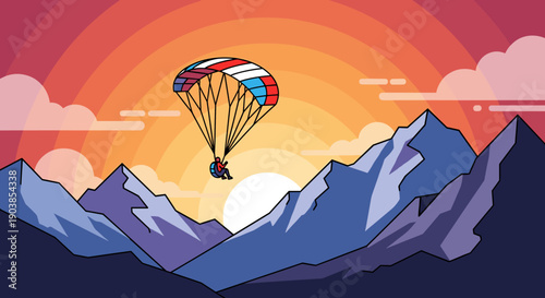 Colorful red, white, and blue paraglider flying high above a majestic mountain range during a beautiful and vibrant sunset in a flat vector illustration style