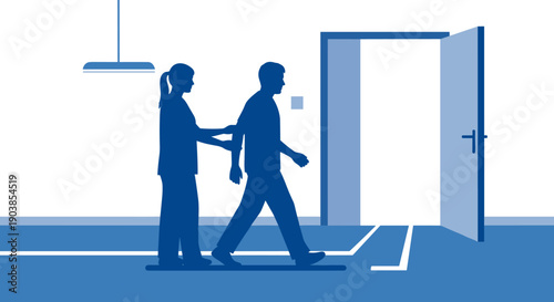 Blue silhouette illustration of a female caregiver helping a male patient walk during physical therapy in a minimalist clinic with an open door symbolizing recovery and hope