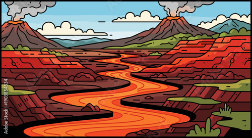 Stylized volcanic landscape illustration with erupting volcanoes, a winding river of molten lava flowing through a canyon, and a blue sky with clouds in a bold graphic style