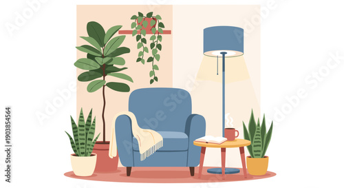 Cozy living room interior with a blue armchair, floor lamp, houseplants, and a book on a side table, creating a relaxing reading nook illustration isolated on white