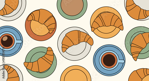 Seamless pattern of croissants and coffee cups in a retro 70s style with a muted color palette, featuring bold outlines in a flat lay top-down view graphic
