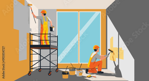 Two professional painters in orange safety uniforms working on an interior wall renovation, one on scaffolding and the other kneeling to apply paint with rollers