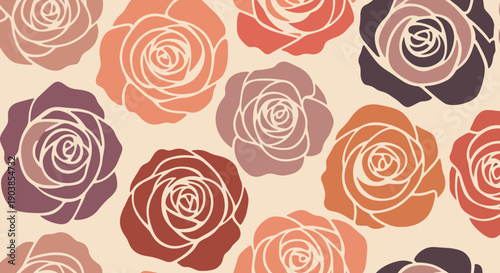 Seamless pattern of stylized rose flowers in a warm, earthy color palette creating an elegant and romantic floral background illustration on a light beige backdrop