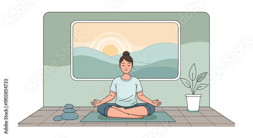 Calm illustrated woman with closed eyes meditating in the lotus pose on a yoga mat inside a tranquil room with a landscape picture and balanced stones
