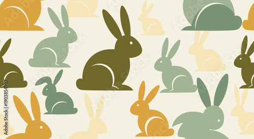 Seamless vector pattern with cute rabbit silhouettes in a muted, earthy color palette, a minimalist and modern animal background illustration for Easter or nursery decor
